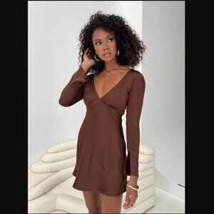 Princess Polly Nellie Chocolate Brown Satin Long Sleeve Mini Dress 0